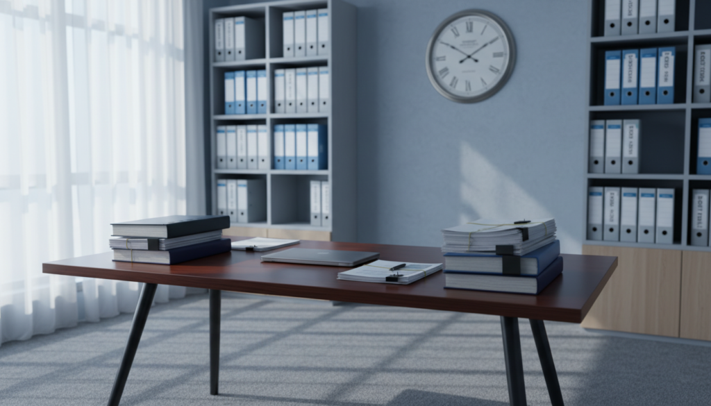 A serene office setting representing a dormant company, with a polished wooden desk at the forefront, scattered with neatly organized financial documents and a closed laptop. In the middle ground, a large window allows soft natural light to stream in, casting gentle shadows across the room. On the wall behind the desk, a large clock shows the time, symbolizing stagnation. The background features a minimalist bookshelf filled with binders labeled "Compliance" and "Tax Returns," emphasizing the theme of tax obligations. The atmosphere conveys a sense of stillness and accountability, with cool tones and a slight bluish hue to reflect professionalism. The scene is captured with a shallow depth of field, focusing on the desk while softly blurring the background for a photorealistic effect. A serene office setting representing a dormant company, with a polished wooden desk at the forefront, scattered with neatly organized financial documents and a closed laptop. In the middle ground, a large window allows soft natural light to stream in, casting gentle shadows across the room. On the wall behind the desk, a large clock shows the time, symbolizing stagnation. The background features a minimalist bookshelf filled with binders labeled "Compliance" and "Tax Returns," emphasizing the theme of tax obligations. The atmosphere conveys a sense of stillness and accountability, with cool tones and a slight bluish hue to reflect professionalism. The scene is captured with a shallow depth of field, focusing on the desk while softly blurring the background for a photorealistic effect.