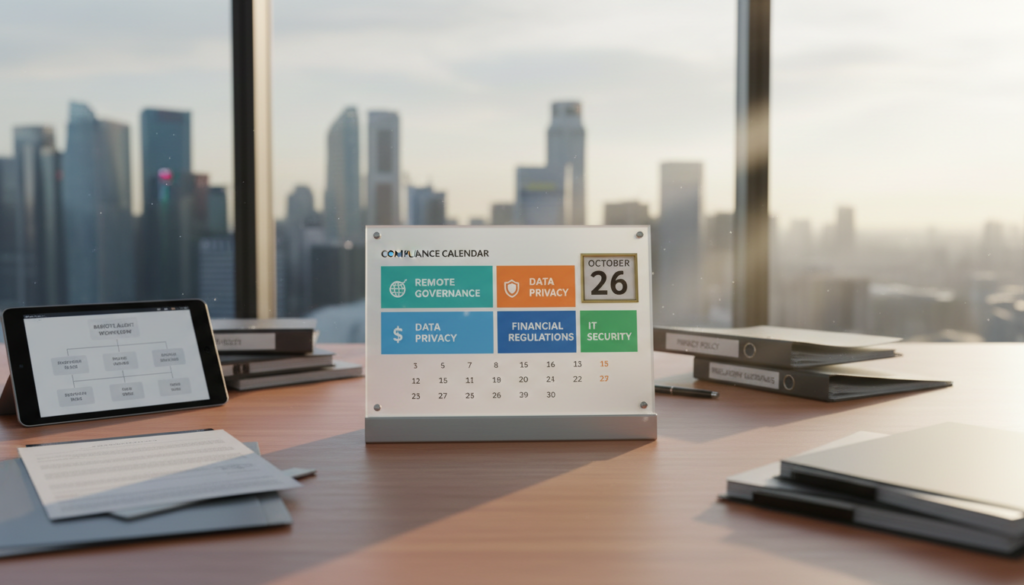 A sleek and modern compliance calendar displayed prominently on a wooden office desk, surrounded by various compliance-related documents and a digital tablet. The calendar features colorful, neatly organized sections indicating deadlines for remote governance and compliance tasks, with icons representing various compliance aspects. In the background, a softly blurred cityscape of Singapore is visible through a large window, with sunlight filtering in to create a warm and professional atmosphere. The scene is designed to convey efficiency and organization, illuminated by natural light that casts gentle shadows. The focus should evoke a sense of clarity and professionalism, suitable for a business environment. Ensure no text or watermarks are present.