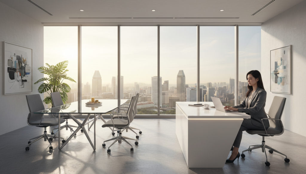 A sleek and modern virtual office space reflecting a professional business environment in Singapore, focusing on the Orchard area. In the foreground, a well-dressed Asian businesswoman in a tailored suit sits at a contemporary desk with a laptop, displaying confidence and professionalism. The middle area features stylish office furniture, including a glass conference table, ergonomic chairs, and minimalistic decor, conveying a sense of sophistication. In the background, large windows reveal a stunning view of the iconic Orchard Road skyline, bathed in soft morning light that enhances the bright and welcoming atmosphere. The overall mood is confident, polished, and inspiring, suggesting credibility and success without the need for a physical office. Photorealistic rendering, captured with a wide-angle lens to emphasize the spaciousness and elegance of the office.