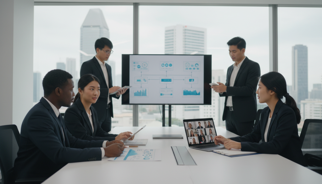 A sleek modern office environment showcasing a diverse group of young professionals collaborating on remote workflow systems. In the foreground, a focused Asian female entrepreneur, dressed in smart business attire, is discussing ideas with a Black male colleague, both examining a digital tablet. The middle ground features a large screen displaying workflow diagrams and graphs, while a laptop is open beside them with virtual meetings in progress. In the background, large windows reveal the iconic Singapore skyline, bathed in natural daylight, creating an inspiring atmosphere. Ambient lighting enhances the professional mood, with a soft focus on the office's contemporary design. The scene captures the essence of innovation and teamwork among Singapore startups, emphasizing productivity and collaboration in a digital age. A sleek modern office environment showcasing a diverse group of young professionals collaborating on remote workflow systems. In the foreground, a focused Asian female entrepreneur, dressed in smart business attire, is discussing ideas with a Black male colleague, both examining a digital tablet. The middle ground features a large screen displaying workflow diagrams and graphs, while a laptop is open beside them with virtual meetings in progress. In the background, large windows reveal the iconic Singapore skyline, bathed in natural daylight, creating an inspiring atmosphere. Ambient lighting enhances the professional mood, with a soft focus on the office's contemporary design. The scene captures the essence of innovation and teamwork among Singapore startups, emphasizing productivity and collaboration in a digital age.