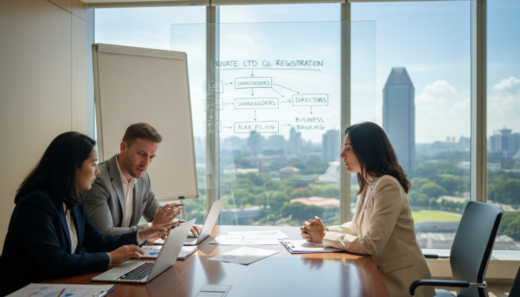 A sleek, modern office environment showcasing a professional team of three individuals engaged in a strategic discussion about starting a private limited company in Singapore. In the foreground, a diverse group dressed in tailored business attire, including a South Asian woman, a Caucasian man, and a Middle-Eastern woman, are surrounding a polished conference table with laptops and documents. The middle area features a whiteboard with diagrams illustrating corporate structures and registration processes. In the background, large windows let in bright natural light, revealing a vibrant cityscape of Singapore. The atmosphere is one of collaboration and determination, highlighting the focus on entrepreneurship and business growth, with a soft focus on the city skyline adding depth to the scene. The image is photorealistic, captured from a slight diagonal angle to give depth and perspective. A sleek, modern office environment showcasing a professional team of three individuals engaged in a strategic discussion about starting a private limited company in Singapore. In the foreground, a diverse group dressed in tailored business attire, including a South Asian woman, a Caucasian man, and a Middle-Eastern woman, are surrounding a polished conference table with laptops and documents. The middle area features a whiteboard with diagrams illustrating corporate structures and registration processes. In the background, large windows let in bright natural light, revealing a vibrant cityscape of Singapore. The atmosphere is one of collaboration and determination, highlighting the focus on entrepreneurship and business growth, with a soft focus on the city skyline adding depth to the scene. The image is photorealistic, captured from a slight diagonal angle to give depth and perspective.