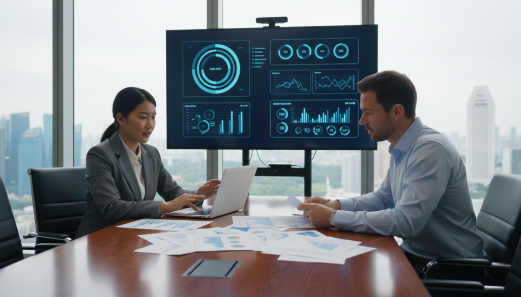 A sleek, modern office setting featuring a diverse group of professionals engaged in a compliance management meeting. In the foreground, an Asian female compliance officer in a smart business suit presents data on a laptop, while a Caucasian male colleague in a button-up shirt analyzes compliance documents scattered on a conference table. The middle layer showcases a large digital screen displaying colorful compliance metrics, charts, and graphs. The background features large windows with a cityscape view of Singapore, casting soft, natural light across the room, enhancing the professional atmosphere. The overall mood is one of collaboration and focus, emphasizing the importance of automated compliance tools in a business environment. The image is photorealistic, with detailed textures and a clear, dynamic composition.