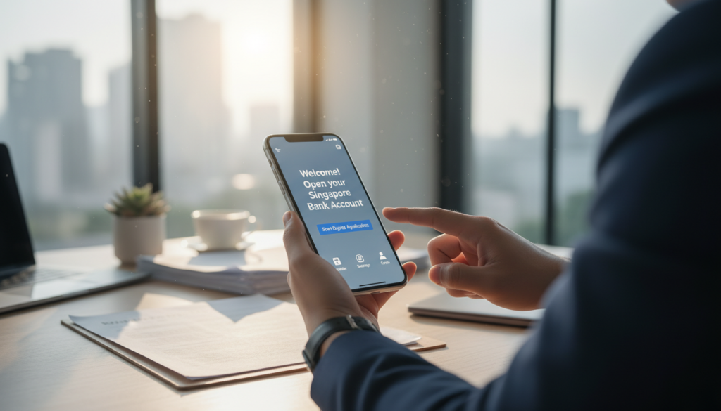 A sleek, modern smartphone displaying a banking app interface on the screen, large and clear against a softly blurred background of a contemporary office space. In the foreground, a professional individual dressed in smart casual attire is focused intently on the phone, their fingers poised as if about to tap on the screen. The middle ground features a stylish desk cluttered with important documents and a coffee cup, hinting at productivity. Bright, natural light floods in from a nearby window, casting soft shadows and creating an inviting, efficient atmosphere. The scene conveys the ease and convenience of opening a Singapore bank account digitally, highlighting the innovative technology of banking apps. Photorealistic details enhance the overall professionalism of the image.