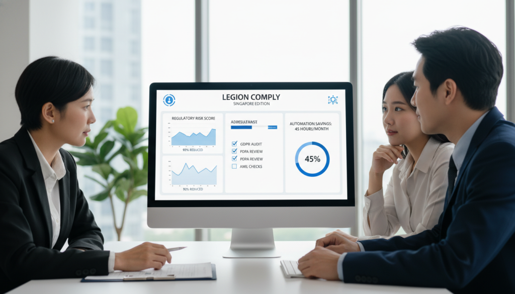 A sleek, photorealistic compliance management platform interface displayed on a modern computer screen, featuring visual graphs, compliance checklists, and automation icons. In the foreground, a diverse group of three professionals in smart business attire engage with the software, accurately depicting collaboration. The middle layer includes a close-up of the screen showing dynamic compliance metrics, with bright, clear lighting emphasizing the interface’s usability. In the background, a contemporary office workspace with greenery and large windows allows natural light to flood in, creating an inviting atmosphere. The mood is focused and professional, reflecting the efficiency of automated compliance tools available to Singapore companies.