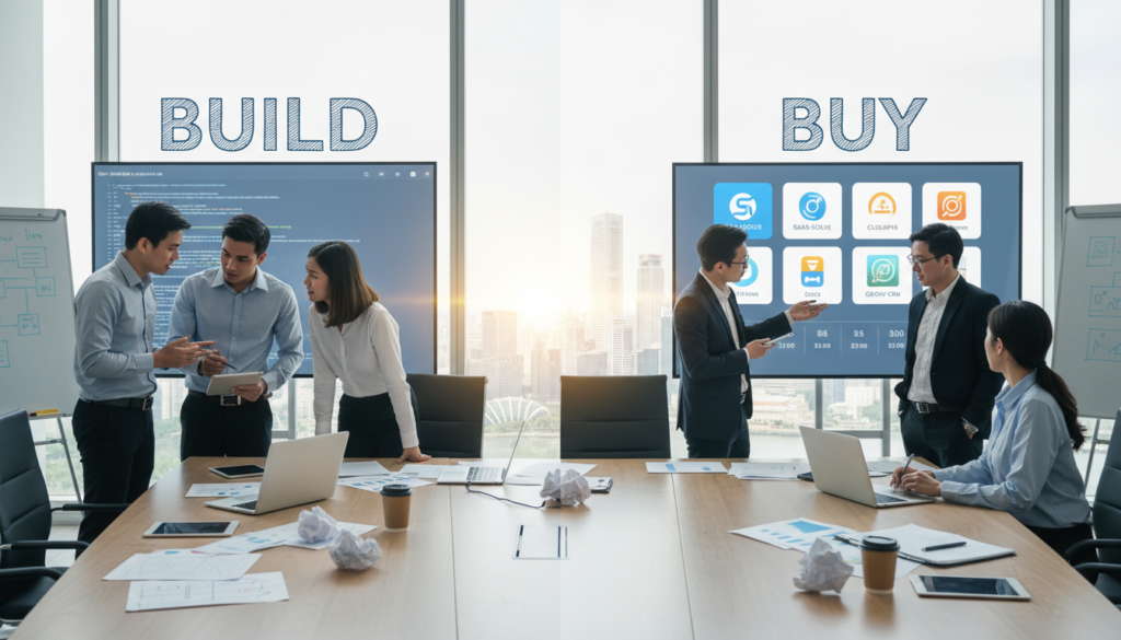A split scene illustrating the concept of "Build vs Buy Software" for startups in Singapore. In the foreground, on the left, a team of three professionals in smart business attire collaborates around a table littered with laptops and design sketches, showcasing the 'build' side. On the right, a large screen displays a selection of software products under the 'buy' category, with a business consultant presenting options to a small group. In the middle, a blurred outline of Singapore's skyline can be faintly seen, symbolizing the local landscape. The lighting is bright and clear, creating a productive atmosphere, with a focus on detail and realism, captured in a slightly elevated angle for a dynamic look. A split scene illustrating the concept of "Build vs Buy Software" for startups in Singapore. In the foreground, on the left, a team of three professionals in smart business attire collaborates around a table littered with laptops and design sketches, showcasing the 'build' side. On the right, a large screen displays a selection of software products under the 'buy' category, with a business consultant presenting options to a small group. In the middle, a blurred outline of Singapore's skyline can be faintly seen, symbolizing the local landscape. The lighting is bright and clear, creating a productive atmosphere, with a focus on detail and realism, captured in a slightly elevated angle for a dynamic look.