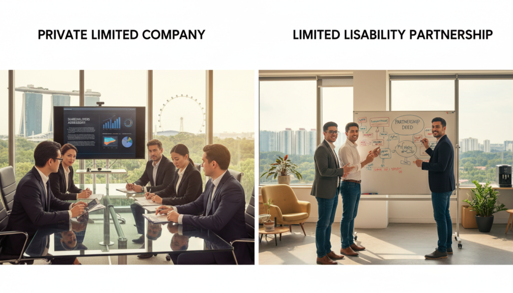 A split-screen composition illustrating the key differences between a Private Limited Company and a Limited Liability Partnership in Singapore. On the left, a sleek, modern office space representing a Private Limited Company, featuring a business meeting with diverse professionals in formal attire discussing financial documents and a digital presentation. On the right, a collaborative workspace for an LLP, showcasing a more relaxed atmosphere with a group of individuals in smart casual clothing brainstorming on a whiteboard. The background features iconic Singaporean skyline elements and greenery, bathed in warm, natural lighting to evoke a professional yet inviting mood. The image captures the essence of business distinctiveness, highlighting contrasts in structure and atmosphere between the two entities.