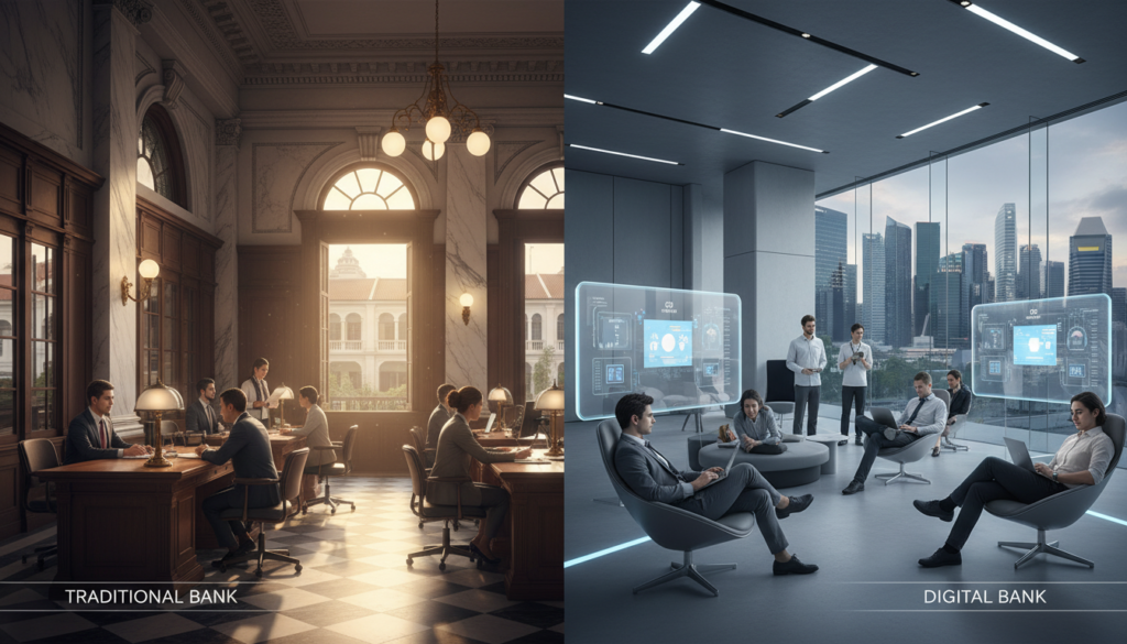 A split-screen image depicting the contrast between a traditional bank and a digital bank in Singapore. On the left side, a classic bank interior with marble columns and wood-paneled desks, featuring professionals in formal business attire assisting clients, bright natural light streaming through large windows. On the right side, a modern digital bank environment with sleek, minimalist design, showcasing a casual setting with individuals using laptops and tablets, relaxed in smart casual clothing. The background features iconic Singaporean architecture, blending both worlds. The lighting should be warm and inviting on the traditional side, while cool and contemporary on the digital side. The overall atmosphere should evoke a sense of innovation alongside reliability.