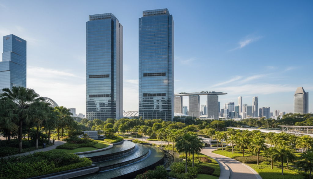 A stunning, photorealistic view of the Marina Bay Financial Centre towers, specifically Tower 1 and Tower 2, standing majestically against a bright blue sky. In the foreground, lush greenery and a decorative water feature enhance the urban landscape, inviting viewers to explore the elite business environment. The middle layer showcases the sleek glass facades of the towers, reflecting sunlight and the vibrant cityscape surrounding them. In the background, the iconic Marina Bay Sands and Singapore's skyline provide a dramatic backdrop. The scene should be illuminated with clear daylight, casting soft shadows and highlighting the architectural details. The atmosphere exudes professionalism and sophistication, ideal for a high-profile business setting. No people or text elements are included, focusing solely on the stunning architecture and environment.