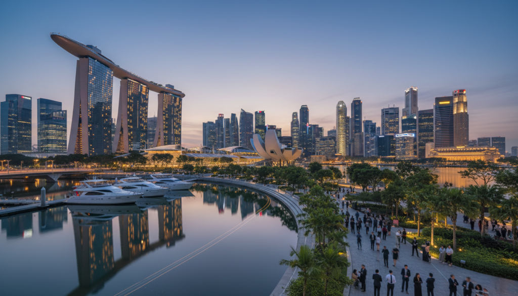 A stunning view of the Marina Bay Financial Centre in Singapore, showcasing its iconic skyscrapers and modern architecture. In the foreground, emphasize the sleek reflection of the towers on the calm waters of Marina Bay, with a few elegantly designed yachts moored nearby. In the middle ground, include the surrounding lush green gardens and pedestrian walkways bustling with professionals in business attire, engaging in discussions or walking. The background should capture the impressive skyline of Singapore under a twilight sky, with warm lights illuminating the buildings, creating a sophisticated and vibrant atmosphere. The image should have soft, natural lighting and be shot from a low angle, inviting viewers to experience the grandeur of this financial hub. Aim for a photorealistic style that conveys professionalism and prestige.
