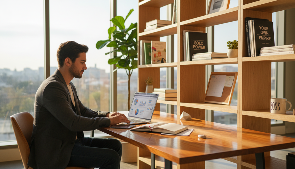 A vibrant and inviting workspace depicting a sole proprietorship setup. In the foreground, a confident young entrepreneur, dressed in smart casual attire, sits at a polished wooden desk, reviewing business documents on a laptop. The middle ground features an organized space with shelves containing business books, a potted plant for a touch of greenery, and a coffee mug to convey a personal touch. The background showcases large windows allowing natural light to flood the room, creating a warm, welcoming atmosphere. The scene conveys simplicity and control, with a focus on entrepreneurship and the benefits of running a sole proprietorship. The lighting is soft and warm, emulating a late afternoon glow, enhancing the professional yet approachable mood. The image should be photorealistic, portraying details like reflections in the desk and textures in the background.
