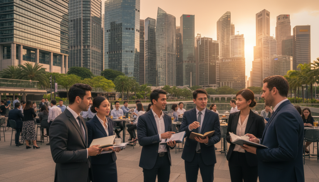 A vibrant cityscape of Raffles Place in Singapore, showcasing modern high-rise buildings with glass facades reflecting the sunlight. In the foreground, a diverse group of professionals in smart business attire are engaged in a discussion, laptops and notebooks in hand, symbolizing productivity and collaboration. The middle ground includes an outdoor seating area bustling with characters, sipping coffee and networking, while the background features iconic skyscrapers, the distinctive One Raffles Place, and lush greenery, harmonizing nature with urban life. Capture this scene during golden hour, with warm sunlight casting soft shadows, enhancing the inviting, dynamic atmosphere of a thriving business hub. The image should be photorealistic, emphasizing a sense of professionalism and energy in the heart of Singapore's financial district.