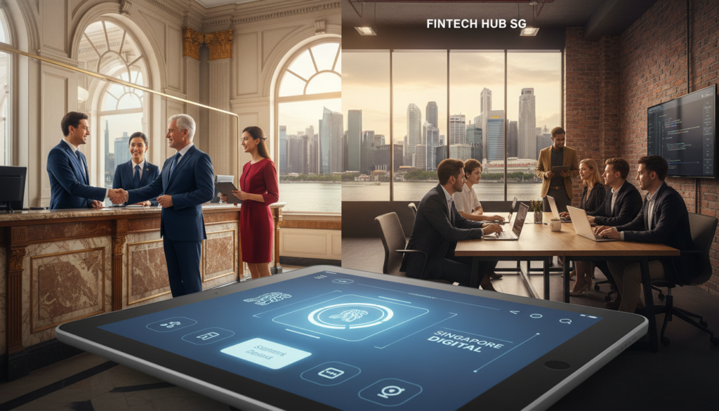 A visually striking comparison of digital banks, traditional banks, and fintech providers in Singapore. In the foreground, a sleek digital bank interface displayed on a modern tablet, showcasing user-friendly features. The middle ground features a sophisticated traditional bank setting with an elegant marble counter, large windows, and professional staff in business attire assisting customers. In parallel, a dynamic fintech workspace with creative professionals collaborating over laptops and digital screens. The background includes a vibrant city skyline of Singapore, symbolizing financial innovation. The scene is well-lit with soft natural light, creating a contemporary and inviting atmosphere. The focus should be on the juxtaposition of modern technology with traditional banking elegance, reflecting a progressive business environment. Photorealistic style.