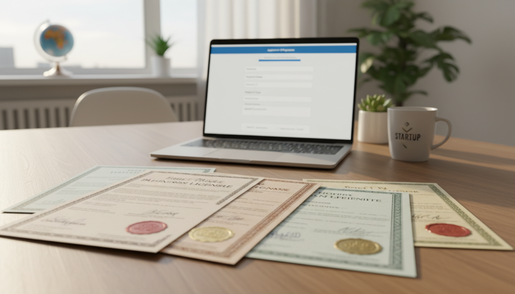 A well-organized desk scene, focused on a collection of business licenses and permits stacked neatly. In the foreground, a close-up view of colorful and intricate license documents layered on top of each other, featuring official seals and signatures, reflecting a sense of professionalism. In the middle ground, an elegantly designed laptop displays an online application form, symbolizing the digital aspect of the licensing process. The background features a soft-focus office environment with a globe and a plant, enhancing the global business context. The lighting is bright, giving the scene a productive and optimistic atmosphere. Capture the image with a warm tone, using a wide-angle lens to emphasize the workspace. Ensure no human subjects are present in the image.
