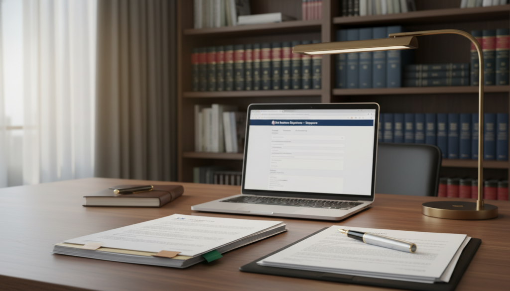 A well-organized office workspace displaying a collection of neatly arranged documents essential for registering a Limited Liability Partnership in Singapore. In the foreground, a stack of official papers including application forms, identification documents, and partnership agreements. An elegant pen rests beside them, hinting at a professional atmosphere. In the middle ground, a polished wooden desk with a laptop open to a business registration website, accented by a stylish desk lamp casting warm light. The background features a blurred bookshelf filled with legal books and resources, enhancing the scholarly tone. The room is illuminated with soft, natural light coming through a window, creating a calm and focused ambiance. The overall scene should reflect professionalism and meticulous preparation, with a photorealistic style. A well-organized office workspace displaying a collection of neatly arranged documents essential for registering a Limited Liability Partnership in Singapore. In the foreground, a stack of official papers including application forms, identification documents, and partnership agreements. An elegant pen rests beside them, hinting at a professional atmosphere. In the middle ground, a polished wooden desk with a laptop open to a business registration website, accented by a stylish desk lamp casting warm light. The background features a blurred bookshelf filled with legal books and resources, enhancing the scholarly tone. The room is illuminated with soft, natural light coming through a window, creating a calm and focused ambiance. The overall scene should reflect professionalism and meticulous preparation, with a photorealistic style.