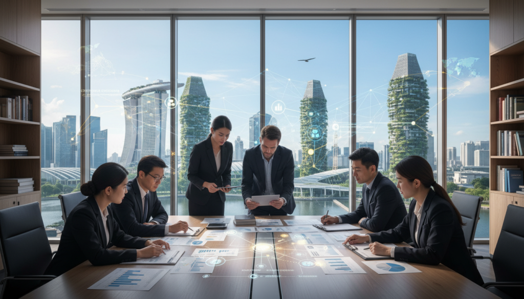 Create a photorealistic image illustrating "entity scope indicators" in the context of Singapore's economic substance. In the foreground, depict a diverse group of professionals in business attire, engaged in a collaborative discussion over documents and charts. In the middle ground, show a sleek office setting with large windows overlooking the Singapore skyline, filled with modern skyscrapers and greenery. Use natural sunlight to create a bright, conducive atmosphere. In the background, incorporate abstract representations of "covered entities" and "relevant groups" through visual metaphors like interconnected networks or flowcharts, subtly integrated into the window view. The overall mood should be professional, focused, and insightful, emphasizing the importance of economic compliance in a global context.