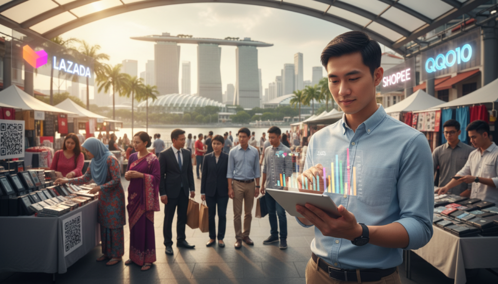 A bustling Singaporean market scene depicting vibrant e-commerce dynamics. In the foreground, a modern digital tablet displays colorful graphs and analytics of market demand, while a young professional in smart casual attire interacts with the device, showing engagement and focus. The middle ground features a diverse group of people, including businesspeople and shoppers, examining various products, symbolizing the thriving online marketplace. In the background, iconic Singaporean architecture and a digital billboard advertising e-commerce brands creates a dynamic skyline. Soft, warm lighting enhances the atmosphere, conveying an upbeat and optimistic mood, with an emphasis on the fusion of technology and retail. The scene should have a shallow depth of field to highlight the foreground while maintaining a clear view of the engaging market activity. A bustling Singaporean market scene depicting vibrant e-commerce dynamics. In the foreground, a modern digital tablet displays colorful graphs and analytics of market demand, while a young professional in smart casual attire interacts with the device, showing engagement and focus. The middle ground features a diverse group of people, including businesspeople and shoppers, examining various products, symbolizing the thriving online marketplace. In the background, iconic Singaporean architecture and a digital billboard advertising e-commerce brands creates a dynamic skyline. Soft, warm lighting enhances the atmosphere, conveying an upbeat and optimistic mood, with an emphasis on the fusion of technology and retail. The scene should have a shallow depth of field to highlight the foreground while maintaining a clear view of the engaging market activity.