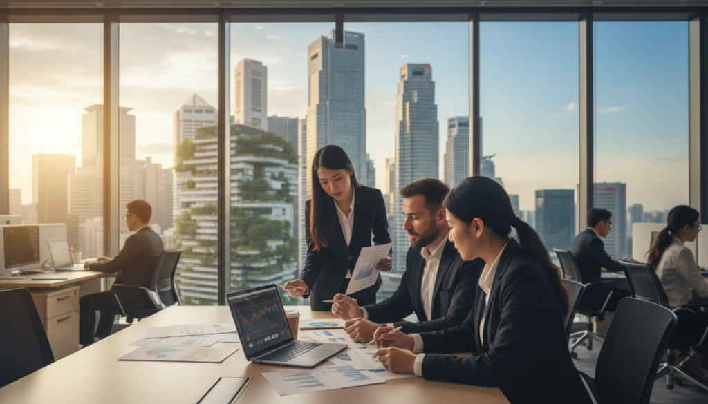 A bustling Singaporean office environment showcasing professional individuals in business attire discussing financial growth strategies. In the foreground, a diverse group of three business professionals—two Asian women and one Caucasian man—are intently reviewing documents and digital graphs on a laptop, embodying collaboration and innovation. The middle ground features a large glass window revealing the city skyline, filled with high-tech buildings and greenery, symbolizing a thriving business ecosystem. In the background, soft sunlight filters through, casting a warm glow over the scene, creating an atmosphere of ambition and success. The focus is sharp on the professionals, with a slight bokeh effect blurring the background, enhancing the sense of connection and determination in business growth.