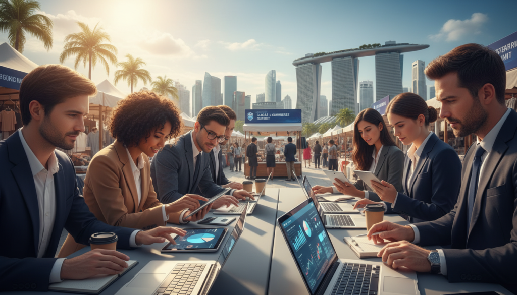 A bustling e-commerce market scene in Singapore, highlighting a diverse group of professionals engaged in dynamic discussions about business strategies and online trends. In the foreground, a multi-ethnic group of men and women in professional business attire are gathered around modern digital devices, analyzing sales graphs displayed on sleek laptops. In the middle ground, vibrant stalls showcase various products, while visitors use smartphones to browse e-commerce apps. The background features iconic Singaporean architecture, including skyscrapers and the Marina Bay Sands, under a bright, sunny sky. The lighting is warm and inviting, evoking a sense of optimism and growth in the e-commerce sector. The atmosphere is lively and energetic, reflecting market momentum and opportunity. A bustling e-commerce market scene in Singapore, highlighting a diverse group of professionals engaged in dynamic discussions about business strategies and online trends. In the foreground, a multi-ethnic group of men and women in professional business attire are gathered around modern digital devices, analyzing sales graphs displayed on sleek laptops. In the middle ground, vibrant stalls showcase various products, while visitors use smartphones to browse e-commerce apps. The background features iconic Singaporean architecture, including skyscrapers and the Marina Bay Sands, under a bright, sunny sky. The lighting is warm and inviting, evoking a sense of optimism and growth in the e-commerce sector. The atmosphere is lively and energetic, reflecting market momentum and opportunity.