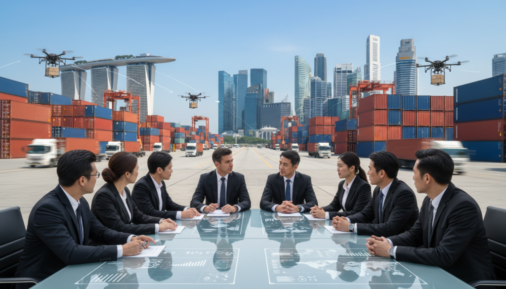 A bustling international logistics hub in Singapore, showcasing an integrated supply chain. In the foreground, focus on diverse professionals in smart business attire, collaborating by a modern conference table filled with digital displays and charts. In the middle ground, depict shipping containers stacked efficiently, cargo trucks loading, and drones in the air for swift delivery. The background features a city skyline with tall, modern buildings under a clear blue sky, symbolizing innovation and connectivity. Use natural daylight enhancing the vibrant activity, with a slight depth of field for clarity. The atmosphere is dynamic and focused, reflecting the fast-paced nature of international logistics management in today's business environment. A bustling international logistics hub in Singapore, showcasing an integrated supply chain. In the foreground, focus on diverse professionals in smart business attire, collaborating by a modern conference table filled with digital displays and charts. In the middle ground, depict shipping containers stacked efficiently, cargo trucks loading, and drones in the air for swift delivery. The background features a city skyline with tall, modern buildings under a clear blue sky, symbolizing innovation and connectivity. Use natural daylight enhancing the vibrant activity, with a slight depth of field for clarity. The atmosphere is dynamic and focused, reflecting the fast-paced nature of international logistics management in today's business environment.