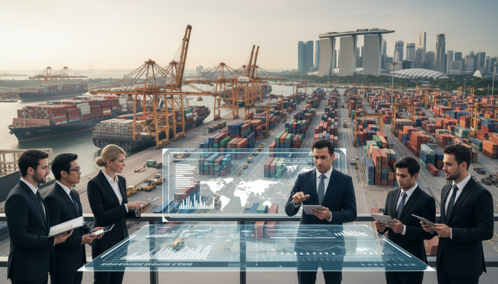 A bustling logistics hub in Singapore, showcasing a vibrant supply chain ecosystem. In the foreground, professional business people in smart attire engage in discussions with logistics charts and digital tablets. The middle ground features a busy shipping port with container ships being loaded and unloaded, surrounded by cranes and containers stacked high. In the background, the iconic Singapore skyline is visible, highlighting modern skyscrapers and the famous Marina Bay Sands. The scene is illuminated by soft, natural daylight, creating a warm and optimistic atmosphere. The angle is a slightly elevated perspective, giving a comprehensive view of the entire logistics operation seamlessly integrated with the urban environment, emphasizing Singapore's role as a global trade nexus. Photorealistic details capture the dynamic essence of international logistics and supply chain activities. A bustling logistics hub in Singapore, showcasing a vibrant supply chain ecosystem. In the foreground, professional business people in smart attire engage in discussions with logistics charts and digital tablets. The middle ground features a busy shipping port with container ships being loaded and unloaded, surrounded by cranes and containers stacked high. In the background, the iconic Singapore skyline is visible, highlighting modern skyscrapers and the famous Marina Bay Sands. The scene is illuminated by soft, natural daylight, creating a warm and optimistic atmosphere. The angle is a slightly elevated perspective, giving a comprehensive view of the entire logistics operation seamlessly integrated with the urban environment, emphasizing Singapore's role as a global trade nexus. Photorealistic details capture the dynamic essence of international logistics and supply chain activities.