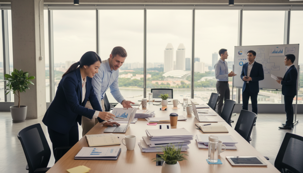 A bustling modern office in Singapore, showcasing a diverse group of professionals engaged in productive teamwork. In the foreground, a focused Asian woman in business attire collaborates with a Caucasian man, both analyzing graphs and charts on laptops. In the middle, a large conference table with documents, cups of coffee, and digital devices symbolizes organization and efficiency. The background reveals a panoramic view of Singapore's skyline through large glass windows, with greenery and city buzz visible. Soft natural lighting illuminates the space, creating a warm yet professional atmosphere. The scene captures the essence of outsourcing benefits: productivity, cost control, and focus, all reflecting the dynamic business environment of Singapore. Photorealistic style, wide-angle perspective. A bustling modern office in Singapore, showcasing a diverse group of professionals engaged in productive teamwork. In the foreground, a focused Asian woman in business attire collaborates with a Caucasian man, both analyzing graphs and charts on laptops. In the middle, a large conference table with documents, cups of coffee, and digital devices symbolizes organization and efficiency. The background reveals a panoramic view of Singapore's skyline through large glass windows, with greenery and city buzz visible. Soft natural lighting illuminates the space, creating a warm yet professional atmosphere. The scene captures the essence of outsourcing benefits: productivity, cost control, and focus, all reflecting the dynamic business environment of Singapore. Photorealistic style, wide-angle perspective.