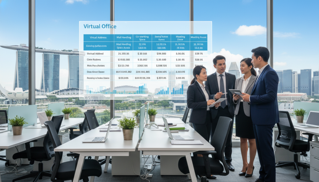 A bustling office environment in Singapore, showcasing a variety of virtual office services. In the foreground, a diverse group of professionals in business attire are engaged in deep discussion, analyzing a large price comparison chart displayed on a sleek digital screen. In the middle ground, office features include modern desks with laptops, plants, and an organized workspace, symbolizing efficiency and productivity. The background captures iconic Singaporean architecture, such as the Marina Bay Sands, with a bright sky, suggesting a vibrant city atmosphere. The lighting is bright and professional, focusing on the details of the scene while creating a sense of clarity and optimism. The mood is serious yet collaborative, ultimately reflecting the theme of pricing comparison in the virtual office landscape.
