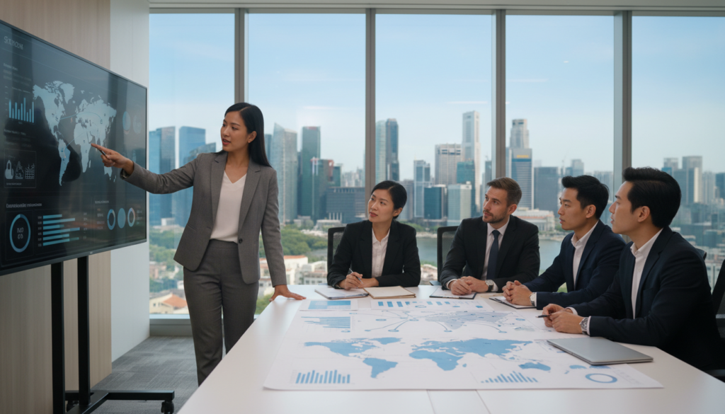 A bustling remote market simulation set in a modern office environment, showcasing a diverse team of professionals collaborating on market entry strategies. In the foreground, a Southeast Asian businesswoman in professional attire is enthusiastically presenting market data on a digital screen. The middle ground features a team of four professionals, including individuals of various ethnicities, engaged in discussion surrounded by charts, graphs, and maps indicating Singapore's position in global trade. In the background, large windows reveal a skyline of Singapore, highlighting iconic skyscrapers against a bright blue sky, with warm, natural lighting creating an optimistic and energetic atmosphere. The image is captured with a slight depth of field, focusing on the team while softly blurring the background for emphasis.