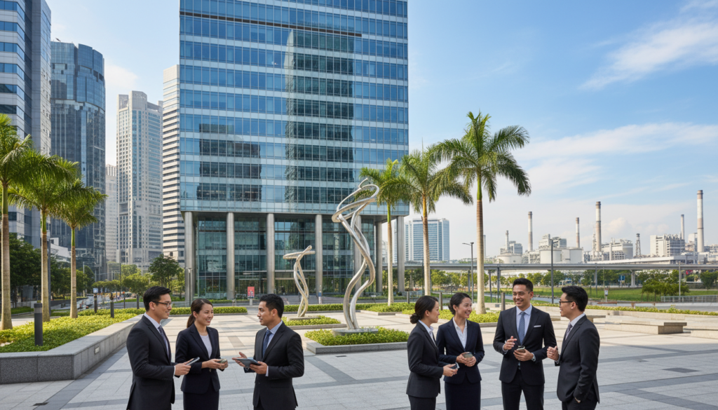 A bustling scene depicting the vibrant business hub of Jurong, Singapore, featuring a modern office building with glass façades reflecting the clear blue sky. In the foreground, a diverse group of professionals in business attire stand engaged in conversation, exuding a collaborative atmosphere. The middle ground showcases a well-maintained plaza with lush greenery and contemporary sculptures, symbolizing innovation and growth. In the background, towering skyscrapers rise, and glimpses of the Jurong Industrial Estate can be seen, highlighting the area's commercial significance. The lighting is bright and inviting, resembling a sunny afternoon, with soft shadows enhancing the dynamic composition. The mood is energetic and forward-looking, capturing the essence of Jurong as a thriving business location. The image is photorealistic, with a focus on clarity and detail. A bustling scene depicting the vibrant business hub of Jurong, Singapore, featuring a modern office building with glass façades reflecting the clear blue sky. In the foreground, a diverse group of professionals in business attire stand engaged in conversation, exuding a collaborative atmosphere. The middle ground showcases a well-maintained plaza with lush greenery and contemporary sculptures, symbolizing innovation and growth. In the background, towering skyscrapers rise, and glimpses of the Jurong Industrial Estate can be seen, highlighting the area's commercial significance. The lighting is bright and inviting, resembling a sunny afternoon, with soft shadows enhancing the dynamic composition. The mood is energetic and forward-looking, capturing the essence of Jurong as a thriving business location. The image is photorealistic, with a focus on clarity and detail.