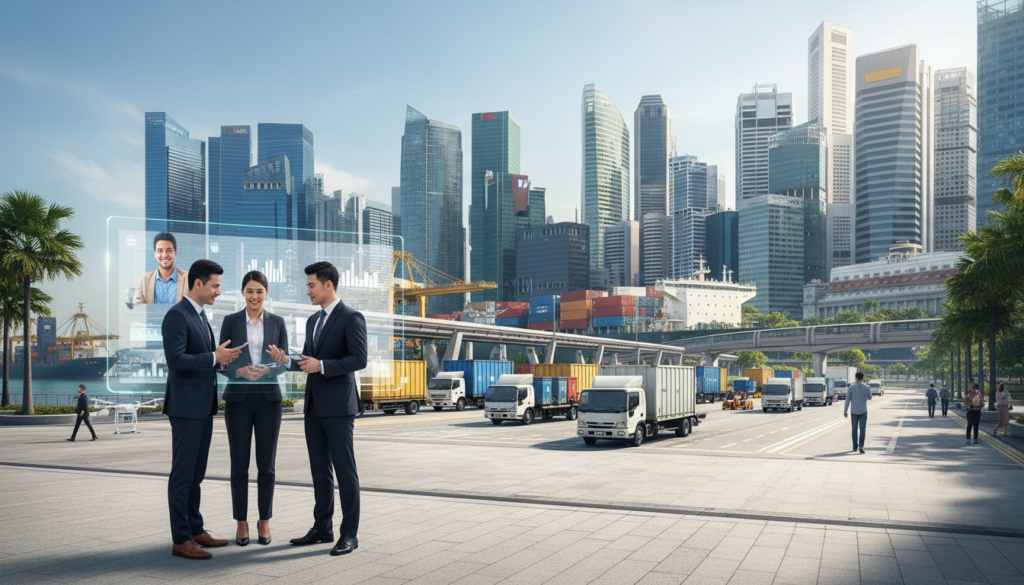 A bustling urban scene in Singapore, showcasing the intersection of logistics and financial services in a harmonious blend. In the foreground, a group of professionals in smart business attire collaborates around a digital tablet, highlighting technology's role in remote customer support. The middle ground features modern logistics facilities with delivery trucks and containers, while sleek skyscrapers symbolize the financial sector loom in the background, gleaming under a bright, clear sky. The lighting is vibrant and natural, creating a dynamic atmosphere that reflects progress and innovation. The scene captures a sense of teamwork and efficiency, illustrating the synergy between industries in Singapore's thriving business environment. Photorealistic style with attention to detail and depth, emphasizing the urban landscape.