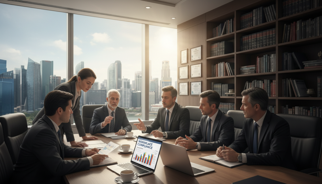 A busy corporate office scene focusing on employment-related compliance. In the foreground, a diverse group of professionals dressed in smart business attire is engaged in a serious discussion around a conference table. There are documents and a laptop open, showcasing charts and compliance guidelines. In the middle ground, a window shows a view of the Singapore skyline, reflecting a bright day with soft natural light filtering in. The background includes shelves with legal books and certificates on the walls, reinforcing the compliance theme. The atmosphere is professional yet tense, highlighting the importance of adhering to legal requirements to avoid disputes. The image is photorealistic, shot with a wide-angle lens to capture the dynamic environment and the interactions among the individuals.