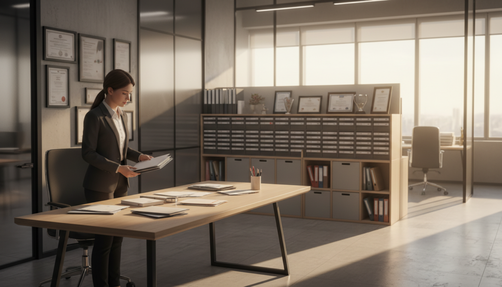 A busy, organized mail handling setup in a modern virtual office environment. In the foreground, a professional-looking individual in smart business attire is sorting through a stack of letters and packages on a sleek, minimalist desk made of light wood. The middle ground features well-labeled mailboxes and storage solutions neatly arranged against a stylish office wall adorned with certificates. In the background, soft natural light filters through large windows, casting gentle shadows on the polished floor, creating an inviting atmosphere. The overall mood is one of professionalism and efficiency, conveying the importance of effective mail handling to ensure no important post is overlooked. The image should capture a clear, high-resolution focus with warm lighting, reflecting a productive workspace. A busy, organized mail handling setup in a modern virtual office environment. In the foreground, a professional-looking individual in smart business attire is sorting through a stack of letters and packages on a sleek, minimalist desk made of light wood. The middle ground features well-labeled mailboxes and storage solutions neatly arranged against a stylish office wall adorned with certificates. In the background, soft natural light filters through large windows, casting gentle shadows on the polished floor, creating an inviting atmosphere. The overall mood is one of professionalism and efficiency, conveying the importance of effective mail handling to ensure no important post is overlooked. The image should capture a clear, high-resolution focus with warm lighting, reflecting a productive workspace.