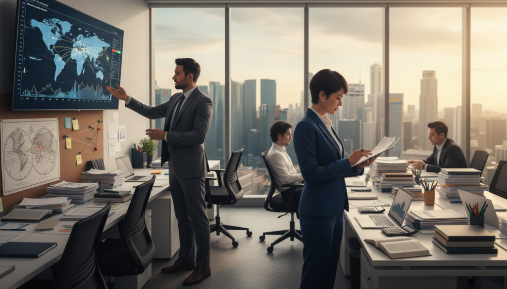 A busy trade finance office in Singapore, featuring a diverse group of professionals in business attire analyzing financial documents. In the foreground, a woman with short hair, wearing a navy blue suit, is reviewing a trade finance contract on her laptop, while a man in a gray suit, standing beside her, is pointing to a graph on a digital screen displaying global trade trends. The middle ground features several desks with stacks of paperwork, financial charts, and a world map highlighting trade routes. The background includes a large window with a view of the iconic Singapore skyline bathed in warm, natural light, creating an atmosphere of productivity and growth. The scene is photorealistic, emphasizing clarity and detail, with a slight depth of field effect to draw focus to the professionals at work.