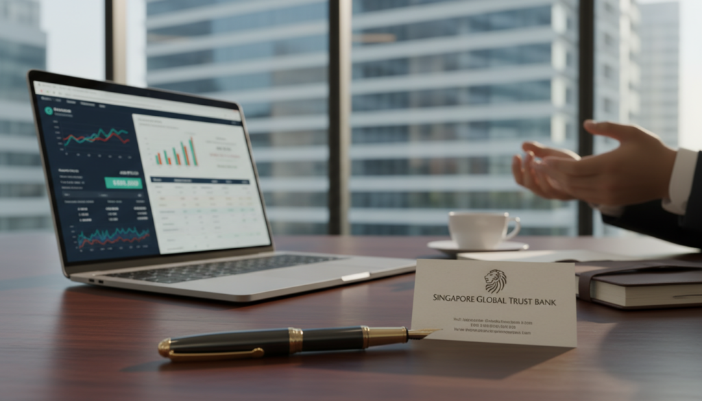 A close-up view of a corporate bank account setup scene, featuring an elegant wooden desk with a sleek laptop open to a banking interface, showing graphs and account details. Foreground elements include a stylish fountain pen and a business card from a reputable Singaporean bank. The mid-ground features a relaxed yet professional atmosphere, with a blurred view of a glass office building in the background, bathed in soft natural light filtering through large windows. The mood is focused and professional, aimed at foreign entrepreneurs seeking banking partnerships. Capture the essence of financial security and openness in a clean, modern setting. Photorealistic, with a slight depth of field to emphasize the foreground elements, evoking a sense of trust and professionalism. A close-up view of a corporate bank account setup scene, featuring an elegant wooden desk with a sleek laptop open to a banking interface, showing graphs and account details. Foreground elements include a stylish fountain pen and a business card from a reputable Singaporean bank. The mid-ground features a relaxed yet professional atmosphere, with a blurred view of a glass office building in the background, bathed in soft natural light filtering through large windows. The mood is focused and professional, aimed at foreign entrepreneurs seeking banking partnerships. Capture the essence of financial security and openness in a clean, modern setting. Photorealistic, with a slight depth of field to emphasize the foreground elements, evoking a sense of trust and professionalism.