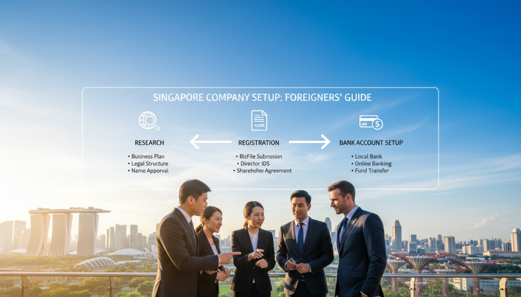 A detailed illustration of a Singapore company setup timeline designed for foreigners, depicted in a photorealistic style. In the foreground, a diverse group of professional individuals in business attire engage in discussions and evaluations, featuring a mix of ethnic backgrounds. In the middle ground, a visually structured timeline is represented on a digital screen, with distinct stages like "Research," "Registration," and "Bank Account Setup," each illustrated graphically with icons. The background showcases a modern Singapore skyline with iconic landmarks, under a clear, bright sky that conveys optimism. The lighting is bright and vibrant, enhancing the atmosphere of business and opportunity, taken from a slightly elevated angle to capture the entire scene effectively. A detailed illustration of a Singapore company setup timeline designed for foreigners, depicted in a photorealistic style. In the foreground, a diverse group of professional individuals in business attire engage in discussions and evaluations, featuring a mix of ethnic backgrounds. In the middle ground, a visually structured timeline is represented on a digital screen, with distinct stages like "Research," "Registration," and "Bank Account Setup," each illustrated graphically with icons. The background showcases a modern Singapore skyline with iconic landmarks, under a clear, bright sky that conveys optimism. The lighting is bright and vibrant, enhancing the atmosphere of business and opportunity, taken from a slightly elevated angle to capture the entire scene effectively.
