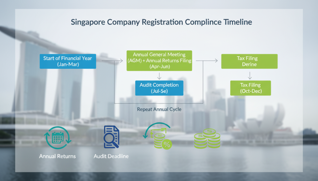 A detailed infographic representation of the Singapore company registration compliance timeline, focusing on the annual cycle. In the foreground, include icons representing key compliance milestones such as annual returns, audit deadlines, and tax filing periods, depicted in a sleek, modern design. The middle section should showcase a clear flowchart format, with arrows connecting the milestones in chronological order. In the background, incorporate a subtle silhouette of Singapore's skyline to add context. The lighting should be bright and professional, emphasizing clarity and readability. The overall mood should convey organization and efficiency, using a cohesive color palette of blue and green tones to evoke a sense of trust and professionalism.