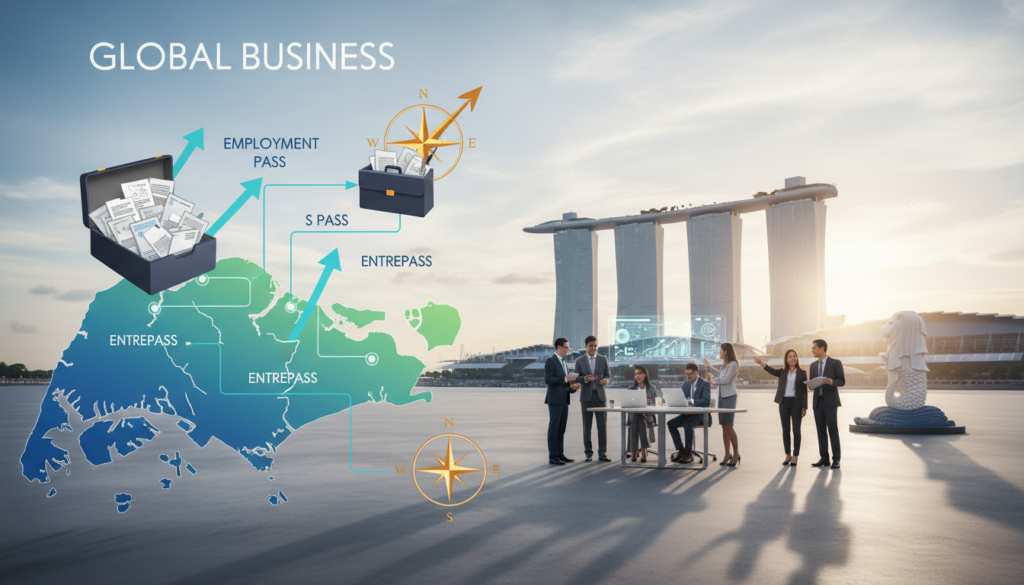 A detailed, photorealistic illustration depicting various visa routes for operating a business in Singapore. In the foreground, a map of Singapore with highlighted visa pathways such as Employment Pass, EntrePass, and S Pass, accompanied by a briefcase symbolizing business endeavors. In the middle ground, diverse professionals in business attire engaging in discussions, brainstorming, and working on laptops, reflecting a collaborative atmosphere. The background features iconic Singaporean landmarks like Marina Bay Sands and the Merlion, under a bright and inviting sky. Natural light casts soft shadows, creating a warm, professional mood. The composition should be captured from a slightly elevated angle to provide a broad overview of the visa routes and the bustling professional environment.