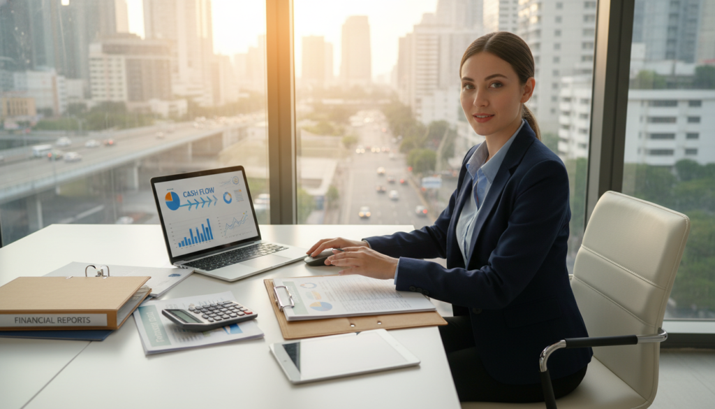 A detailed, photorealistic illustration representing cash flow in a business context. In the foreground, a professional businesswoman, dressed in smart business attire, sits at a sleek modern desk with financial documents, graphs showing rising trends, and a laptop displaying a digital cash flow chart. The middle ground features an open folder filled with financial statements and a calculator. In the background, a large window reveals a bustling cityscape, bathed in soft morning light, symbolizing opportunity and growth. The overall mood is optimistic and focused, conveying the message of enhancing approval odds for business loans through careful financial management. The scene is well-lit, showcasing a clean, organized workspace to evoke professionalism and clarity.