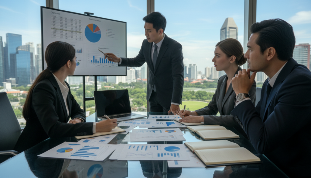 A detailed photorealistic image illustrating the concept of "costs" in a professional business setting. In the foreground, a sleek glass table adorned with various financial documents, graphs, and a laptop displaying analytical data. In the middle ground, a diverse group of three professionals in business attire engaging in discussion, emphasizing collaboration and evaluation. One person is pointing at a chart, while another takes notes, showcasing teamwork. The background features an elegant office space with city views of Singapore, highlighting modern architecture. Soft, natural lighting floods the room, casting gentle shadows and creating an inviting atmosphere. The overall mood is one of focus and professionalism, emphasizing the importance of evaluating value beyond mere price. A detailed photorealistic image illustrating the concept of "costs" in a professional business setting. In the foreground, a sleek glass table adorned with various financial documents, graphs, and a laptop displaying analytical data. In the middle ground, a diverse group of three professionals in business attire engaging in discussion, emphasizing collaboration and evaluation. One person is pointing at a chart, while another takes notes, showcasing teamwork. The background features an elegant office space with city views of Singapore, highlighting modern architecture. Soft, natural lighting floods the room, casting gentle shadows and creating an inviting atmosphere. The overall mood is one of focus and professionalism, emphasizing the importance of evaluating value beyond mere price.