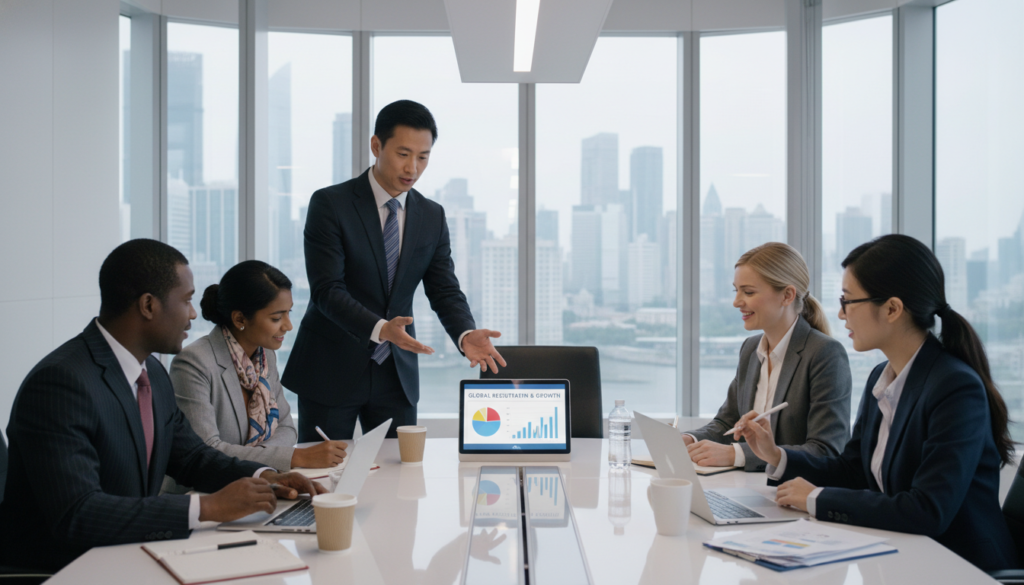 A diverse group of professional business people gathered around a sleek conference table in a modern office setting, engaged in a discussion about company registration. In the foreground, a confident Chinese national in business attire takes the lead, pointing at a digital tablet displaying charts and graphs. Beside him, a mix of colleagues of various ethnicities, also in formal business attire, express interest and jot down notes. The office has large windows with city views, filled with daylight that brightens the space. The mood exudes collaboration and innovation, highlighting a sense of urgency and opportunity. The perspective is slightly elevated, capturing both the group dynamics and the vibrant environment. The overall tone is formal and optimistic, aiming to inspire potential entrepreneurs. A diverse group of professional business people gathered around a sleek conference table in a modern office setting, engaged in a discussion about company registration. In the foreground, a confident Chinese national in business attire takes the lead, pointing at a digital tablet displaying charts and graphs. Beside him, a mix of colleagues of various ethnicities, also in formal business attire, express interest and jot down notes. The office has large windows with city views, filled with daylight that brightens the space. The mood exudes collaboration and innovation, highlighting a sense of urgency and opportunity. The perspective is slightly elevated, capturing both the group dynamics and the vibrant environment. The overall tone is formal and optimistic, aiming to inspire potential entrepreneurs.