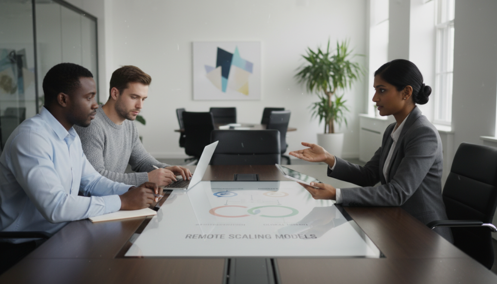 A diverse team of remote employees gathered around a sleek, modern conference table, engaged in a collaborative hiring strategy session. In the foreground, a confident woman in a tailored suit shares ideas while pointing to a digital tablet. Two men in smart casual attire are actively discussing, one taking notes on a laptop. In the middle, a large screen displays a colorful infographic about remote scaling models. The background shows a bright, open office space with contemporary design elements, such as plants and artwork. Soft, natural lighting pours in through large windows, creating an inviting atmosphere. The mood is focused and energetic, reflecting a professional and innovative approach to expanding a remote business presence. Photorealistic detail enhances the authenticity of the scene.
