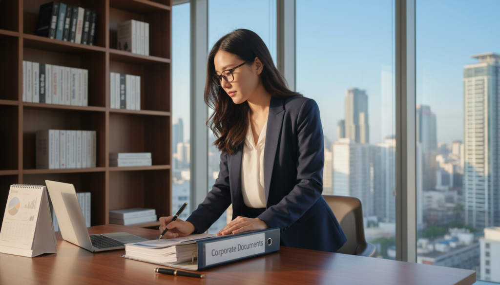 A focused, professional corporate secretary in a modern office setting, dressed in a smart navy blue suit and white blouse, is reviewing documents at a polished wooden desk. She is a young Asian woman with glasses, displaying a look of concentration and diligence. In the foreground, the desk is organized with a laptop, a binder labeled "Corporate Documents," and a calendar. The middle ground features shelves lined with books on corporate law and compliance, while the background includes large windows with cityscape views, letting in soft, natural light that creates a warm, inviting atmosphere. The angle captures the secretary in a three-quarter view, emphasizing her engagement with the tasks at hand in this vibrant, professional environment. The overall mood conveys responsibility and professionalism.