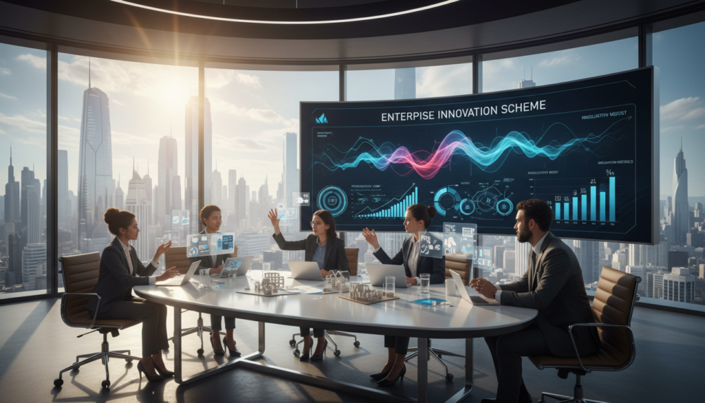 A futuristic office environment showcasing the concept of "Enterprise Innovation Scheme." In the foreground, a diverse group of professionals in business attire are engaging in a dynamic brainstorming session around a sleek, modern conference table, with digital devices and prototypes scattered around. In the middle, a large digital screen displays vibrant infographics and graphs illustrating innovation metrics and productivity boosts associated with the scheme. The background features a panoramic window with a city skyline, symbolizing growth and opportunity under a bright, natural light. The overall mood is collaborative and inspiring, highlighting creativity and forward-thinking in a professional setting. The image has a photorealistic quality, captured with a wide-angle lens to emphasize the space and activity.