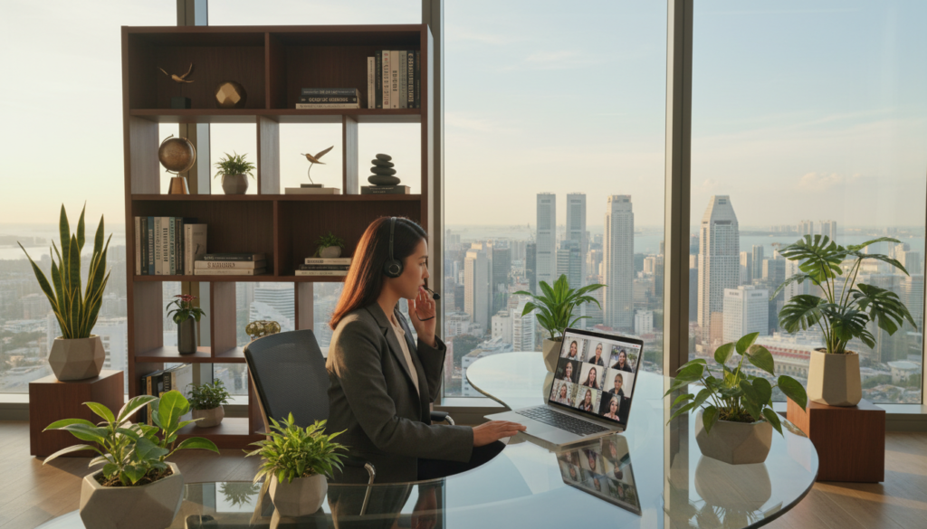 A modern and sleek virtual office setup in Singapore, showcasing a stylish glass desk with a laptop open, surrounded by potted green plants creating a calm atmosphere. In the foreground, a professional-looking woman in smart business attire is engaged in a video call, with a focused expression. In the middle ground, a contemporary bookshelf is filled with business books and decorative items, suggesting professionalism and sophistication. The background features a large window with a stunning view of Singapore’s skyline, bathed in natural light, creating a bright and positive ambiance. Use soft, warm lighting to enhance the inviting feel. The angle should be slightly elevated, capturing both the workspace and the city view, evoking a sense of productivity and modernity. A modern and sleek virtual office setup in Singapore, showcasing a stylish glass desk with a laptop open, surrounded by potted green plants creating a calm atmosphere. In the foreground, a professional-looking woman in smart business attire is engaged in a video call, with a focused expression. In the middle ground, a contemporary bookshelf is filled with business books and decorative items, suggesting professionalism and sophistication. The background features a large window with a stunning view of Singapore’s skyline, bathed in natural light, creating a bright and positive ambiance. Use soft, warm lighting to enhance the inviting feel. The angle should be slightly elevated, capturing both the workspace and the city view, evoking a sense of productivity and modernity.