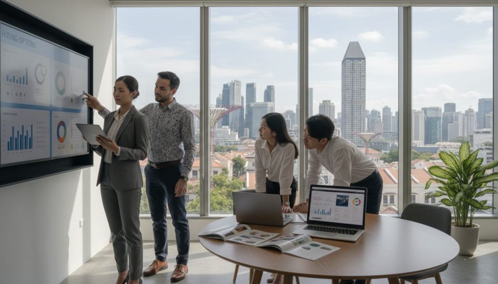A modern, bright office setting featuring a diverse group of professional individuals engaged in a collaborative hiring discussion. In the foreground, a female HR manager in business attire, holding a tablet, analyzes candidate profiles. Beside her, a male manager in smart casual clothing points at a digital screen displaying hiring options. The middle ground captures a round table with industry brochures and a laptop open, showing recruitment software. In the background, large windows reveal a skyline of Singapore, highlighting a blend of traditional and contemporary architecture. Natural light floods the room, creating an inviting atmosphere that reflects innovation and teamwork. The mood is optimistic and focused, showcasing a strategic approach to hiring in a global context.
