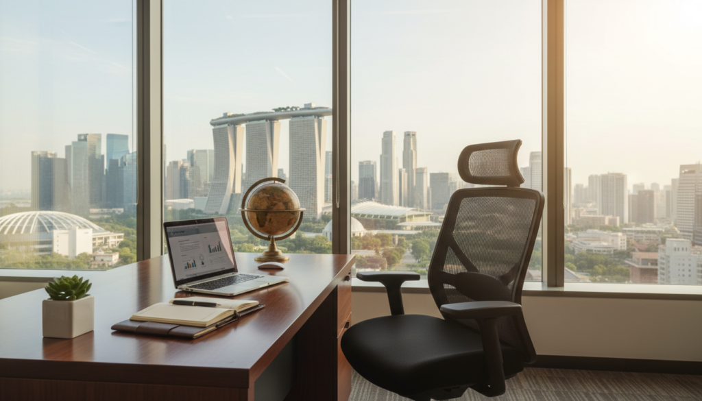 A modern business office setup in Singapore, showcasing an elegant workspace designed for a virtual office package. In the foreground, a polished wooden desk with a sleek laptop, a potted plant, and a notepad sits neatly organized. In the middle, a comfortable ergonomic chair and an ornamental globe hint at a global business perspective. The background features floor-to-ceiling windows revealing a stunning skyline of Singapore, bathed in natural light that creates a warm, inviting atmosphere. Soft lens flare enhances the scene, and the overall mood is professional yet approachable, perfect for showcasing the concept of a virtual office. The image should capture the essence of modern business in a vibrant and dynamic city.