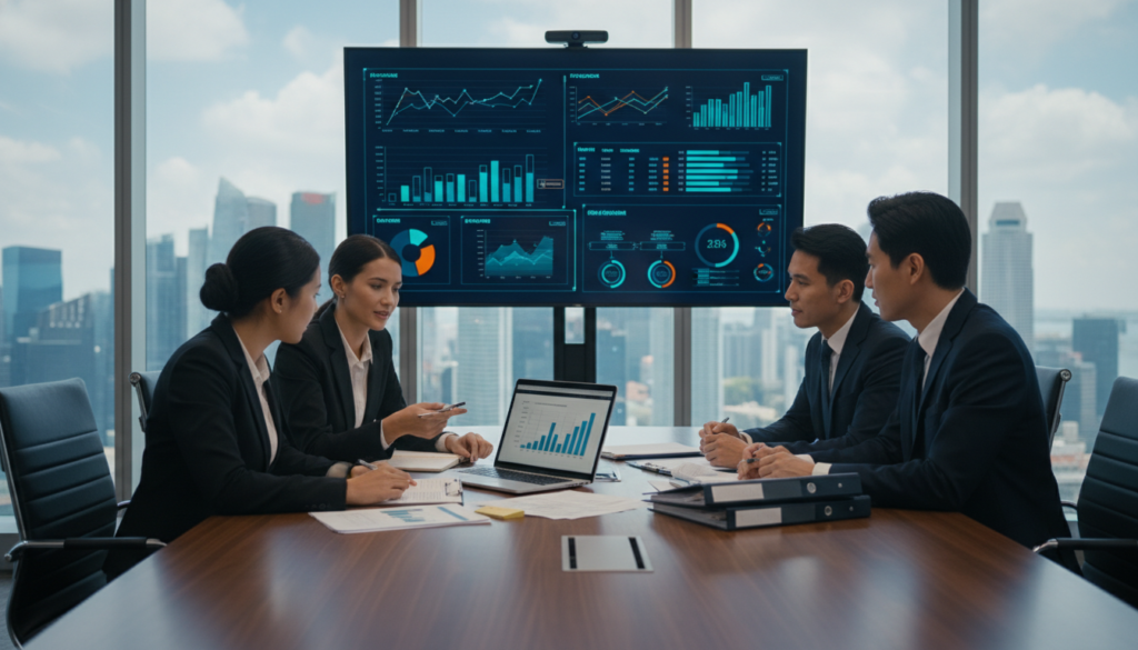 A modern, bustling office environment showcasing a regulatory compliance consulting team at work. In the foreground, a diverse group of professionals in business attire—two men and two women, engaged in a discussion around a sleek conference table with a laptop and legal documents spread out. The middle ground features a large digital screen displaying graphs and compliance metrics, enhancing the focus on data-driven decision making. In the background, floor-to-ceiling windows let in natural light, revealing a view of Singapore's skyline, conveying a sense of professionalism and ambition. The mood is focused and collaborative, with a warm yet dynamic color palette, captured in high-resolution with soft lighting to emphasize the teamwork and expertise in the field of regulatory compliance consulting. A modern, bustling office environment showcasing a regulatory compliance consulting team at work. In the foreground, a diverse group of professionals in business attire—two men and two women, engaged in a discussion around a sleek conference table with a laptop and legal documents spread out. The middle ground features a large digital screen displaying graphs and compliance metrics, enhancing the focus on data-driven decision making. In the background, floor-to-ceiling windows let in natural light, revealing a view of Singapore's skyline, conveying a sense of professionalism and ambition. The mood is focused and collaborative, with a warm yet dynamic color palette, captured in high-resolution with soft lighting to emphasize the teamwork and expertise in the field of regulatory compliance consulting.