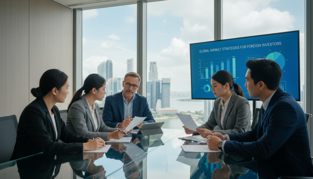 A modern consulting office interior, featuring a diverse group of professional consultants in business attire engaged in a collaborative discussion around a sleek glass conference table. The foreground shows two consultants, a middle-aged man with glasses and a woman in her thirties, both intently reviewing documents. In the middle, a digital display showcasing graphs and charts highlights business strategies for foreigners. The background includes large windows with a panoramic view of Singapore’s skyline, allowing natural light to flood the room, creating an inviting atmosphere. Soft shadows emphasize the professionalism of the space. The setting conveys a mood of innovation and trust, suitable for deep advisory discussions. Camera angle: slightly elevated to capture the group's dynamic interaction.