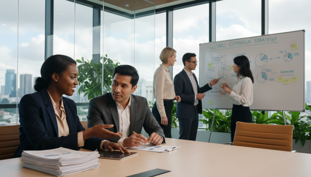 A modern corporate office environment showcasing a diverse group of professionals engaged in various aspects of incorporation services. In the foreground, a Black female consultant, dressed in smart business attire, is explaining documents to a South Asian male entrepreneur, who appears interested and focused. In the middle ground, a group of professionals, including a Caucasian woman and a Hispanic man, are discussing in a collaborative manner around a whiteboard filled with diagrams and charts, symbolizing business strategy and planning. The background is a stylish office with glass walls, greenery, and natural light streaming in from large windows, creating an uplifting and inspiring atmosphere. The overall composition is inviting and professional, reflecting a sense of expertise and trust.