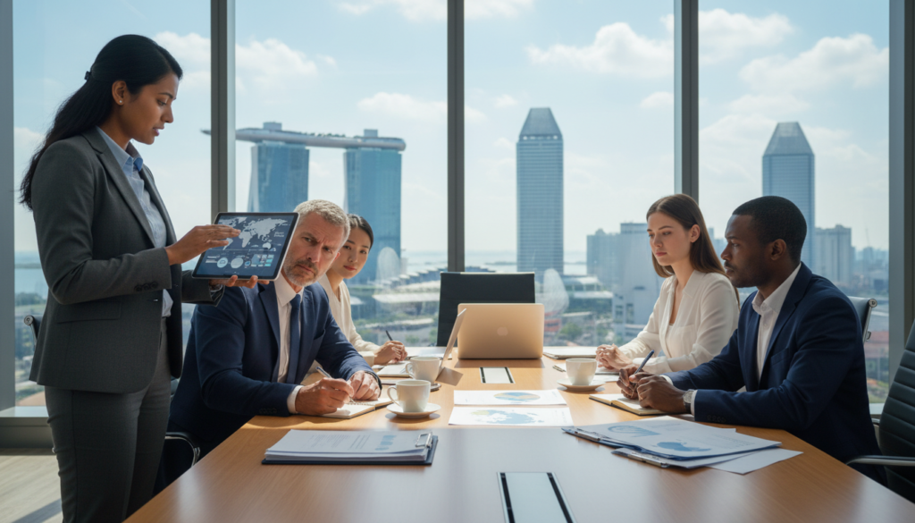 A modern corporate office interior showcasing a diverse group of professionals engaged in discussion about offshore business residency. In the foreground, a South Asian woman in a business suit gestures while explaining concepts on a digital tablet. Beside her, a middle-aged Caucasian man takes notes, thoughtfully considering the conversation. In the middle ground, a large conference table is filled with laptops and financial documents, symbolizing thoughtful planning. The background features a large window revealing a breathtaking view of Singapore's skyline with its distinct architecture. Natural light illuminates the space, creating a bright, inviting atmosphere. The angle captures both the interactive dialogue and the impressive cityscape. The overall mood conveys professionalism, collaboration, and forward-thinking. A modern corporate office interior showcasing a diverse group of professionals engaged in discussion about offshore business residency. In the foreground, a South Asian woman in a business suit gestures while explaining concepts on a digital tablet. Beside her, a middle-aged Caucasian man takes notes, thoughtfully considering the conversation. In the middle ground, a large conference table is filled with laptops and financial documents, symbolizing thoughtful planning. The background features a large window revealing a breathtaking view of Singapore's skyline with its distinct architecture. Natural light illuminates the space, creating a bright, inviting atmosphere. The angle captures both the interactive dialogue and the impressive cityscape. The overall mood conveys professionalism, collaboration, and forward-thinking.