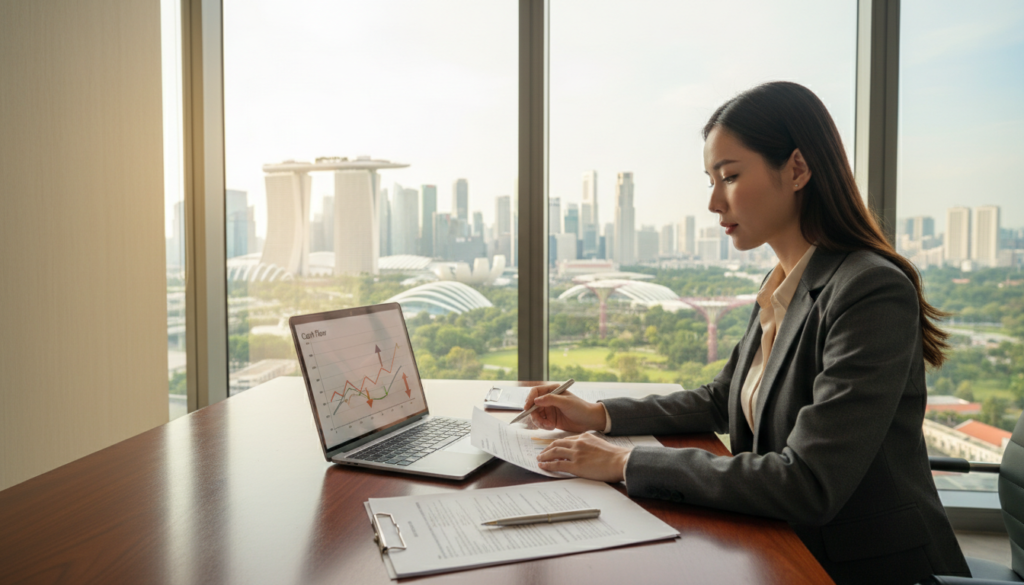 A modern corporate office interior with a polished wooden desk at the forefront, featuring financial documents, a laptop displaying a cash flow chart, and a pen. In the middle of the scene, a professional businesswoman in smart attire analyzes the documents with a focused expression. Surrounding her are tall windows revealing a bustling Singapore cityscape, with iconic skyscrapers and greenery visible in the background, providing a vibrant atmosphere. Soft, natural light streams in, creating warm highlights against the neutral tones of the office. The image conveys a sense of financial responsibility and support, embodying the concept of overdraft facilities and how they aid business cash flow. The composition captures a balance of professionalism and productivity, with a depth of field that softly blurs the background.